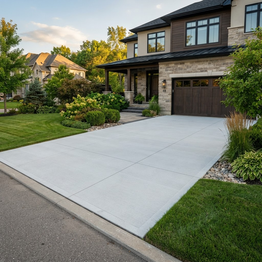 Freshly finished concrete driveway in front of a home